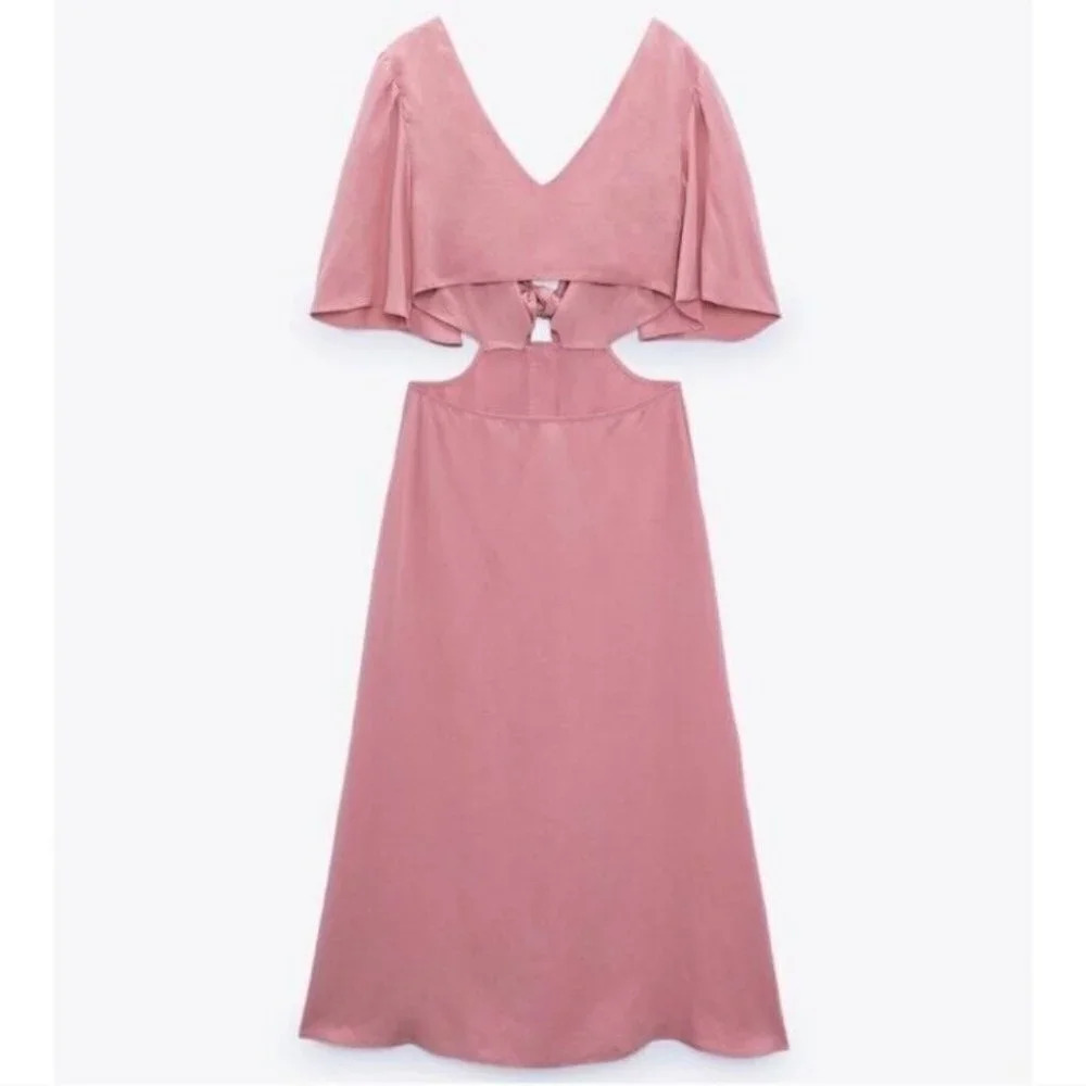 Zara Tie Bow Front Cut  Out Midi Dress Light Pink NWT Size XL - Picture 3 of 10